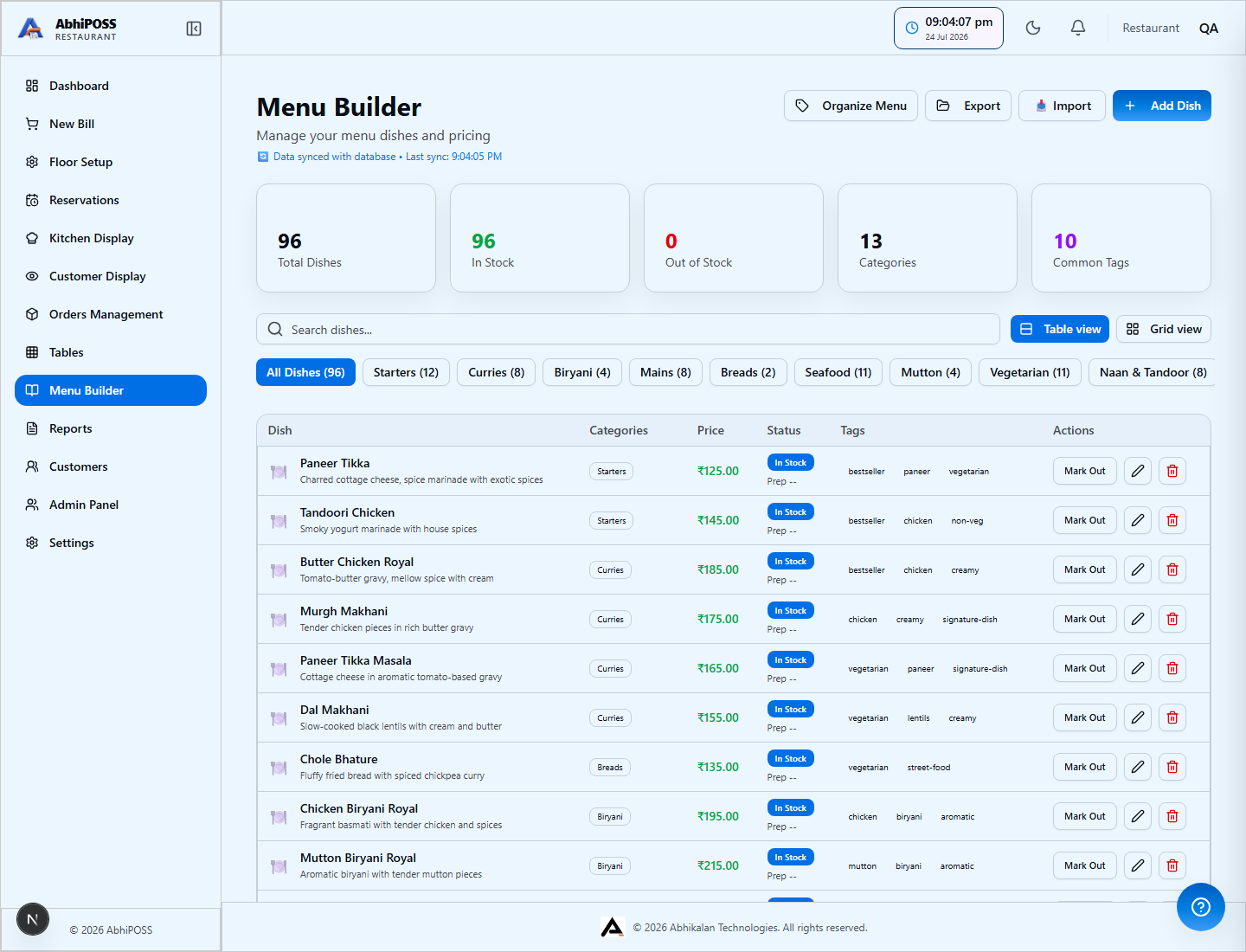 AbhiPOSS Menu and item setup screenshot